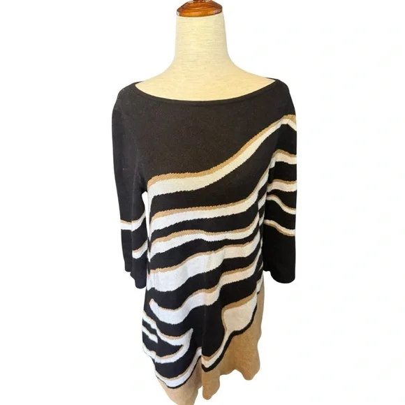 Chico's Asymmetrical Black & Tan Ripple Sweater‎ Size M - Picture 2 of 7
